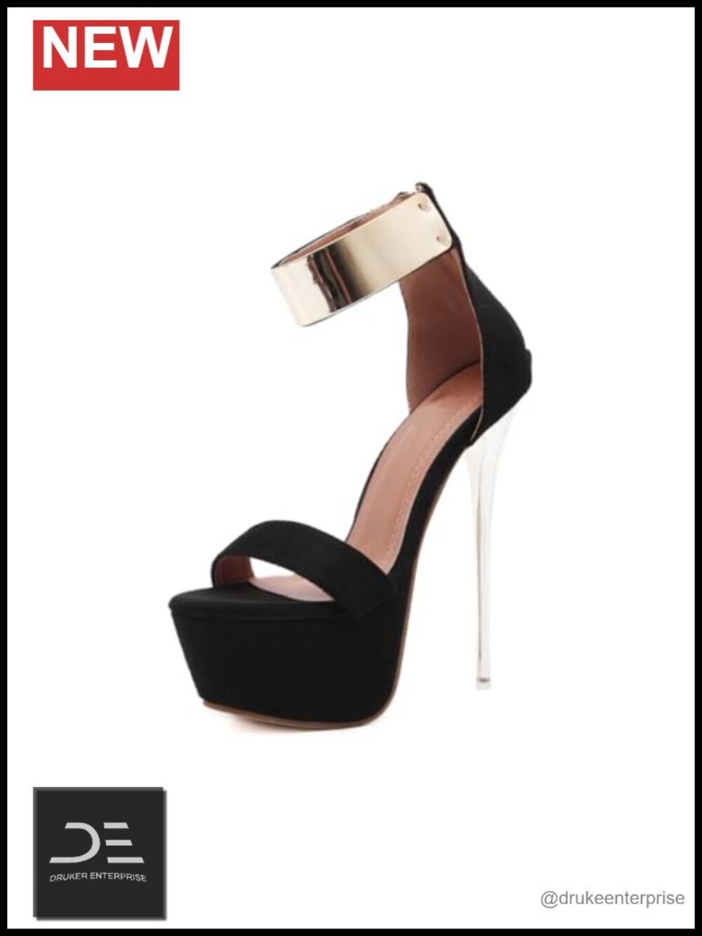 Black Platform Heeled Sandals for Women 6.3 Inch Open Toe Zipper Ankle Strap